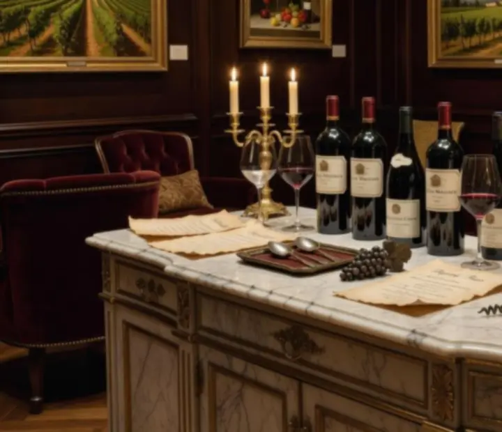 Bouteilles de vin disposées sur fond de marbre, lumière dorée