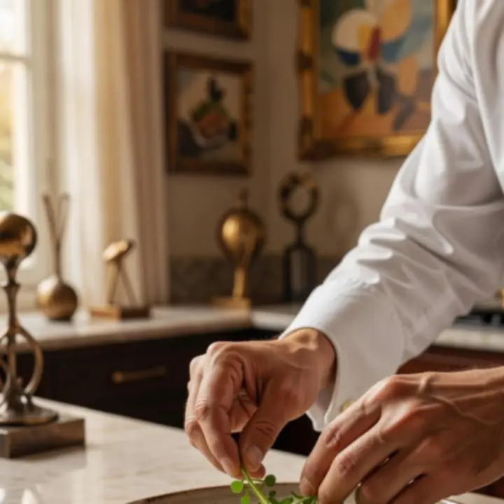 Mains du chef ajustant les derniers détails d’une assiette, comme un geste de restaurateur d’art.