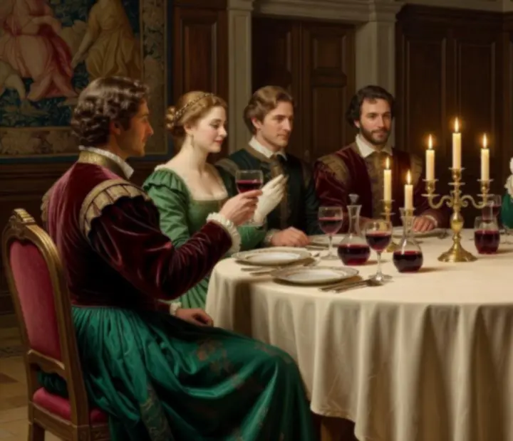 Groupe de convives autour d’une table ronde au dîner, lumière tamisée et nappes ivoire