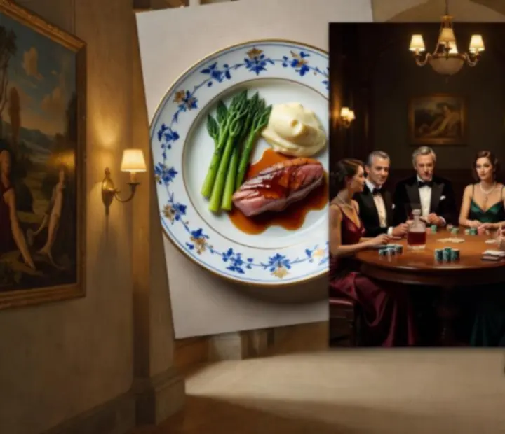 Détails de table de dîner, tapis de poker et salon feutré au Bistro du Parc