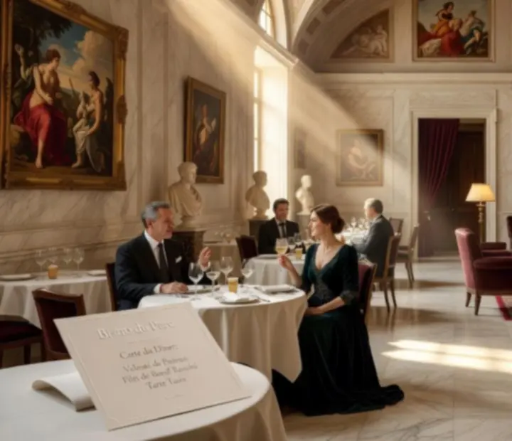 Serveur disposant une assiette au milieu d’une table dressée avec argenterie ancienne au dîner