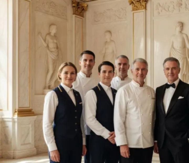 Portrait d’équipe sur fond de marbre clair au Bistro du Parc
