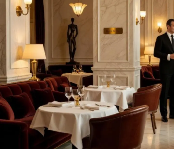 Hôtes du lounge du Bistro du Parc dans une lumière tamisée