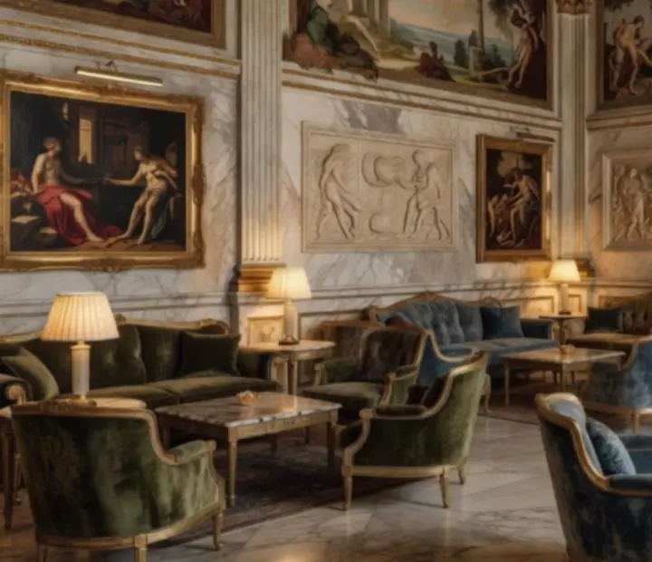Salon feutré inspiré des galeries italiennes avec lumière douce et banquettes