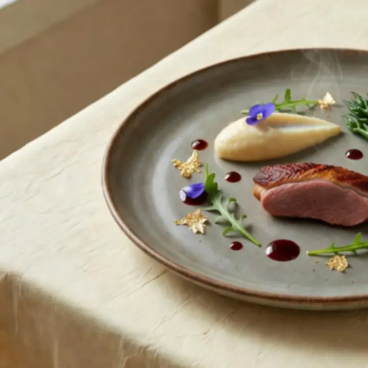 Plat signature du dîner délicatement dressé, aux tons crème et verts