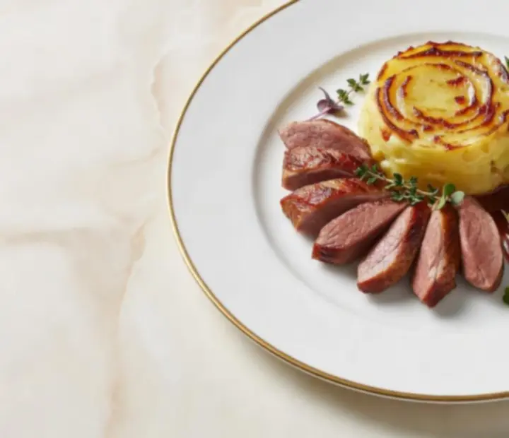 Plat principal signature présenté dans une assiette profonde, couleurs chaudes