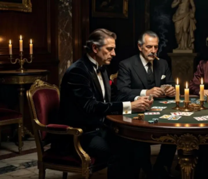 Silhouette de convives autour de la table de poker, lumière dorée et tapis de velours.