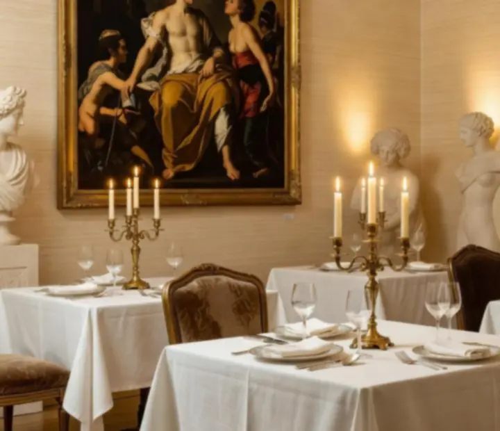 Salon privé baigné d’une lumière dorée, tables dressées comme dans une galerie d’art.