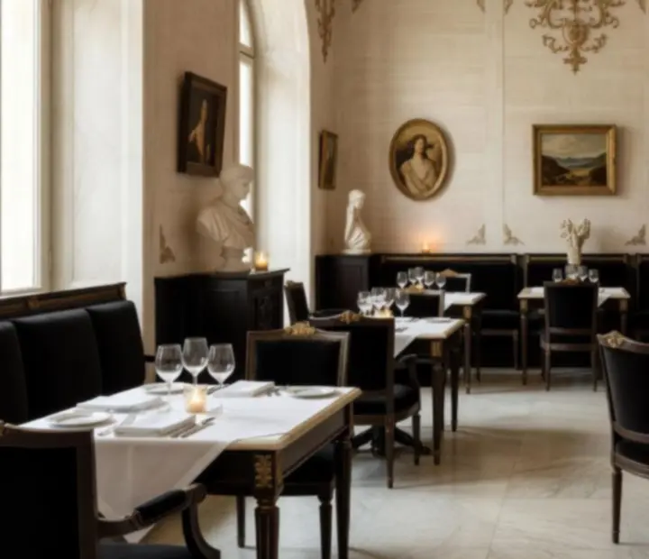 Perspective de la salle du Bistro du Parc, tables nappées et lumière douce sur des murs façon galerie d’art.
