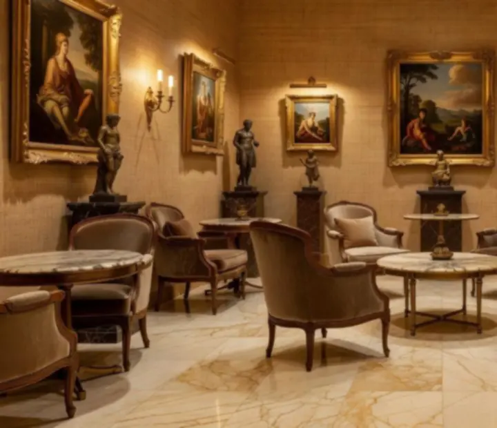 Salon d’art du Bistro du Parc, marbres clairs, luminaires dorés et fauteuils de velours.