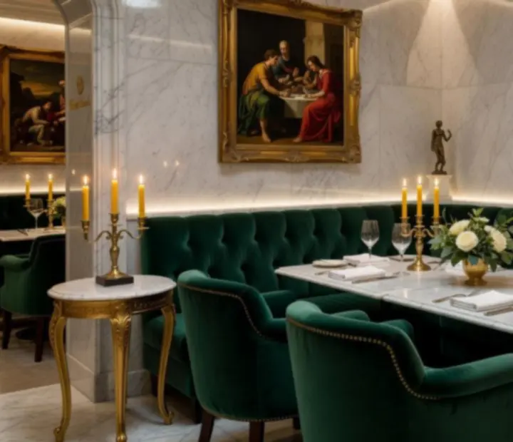Salon intime du Bistro du Parc, table en marbre et fauteuils enveloppants pour un dîner privé.