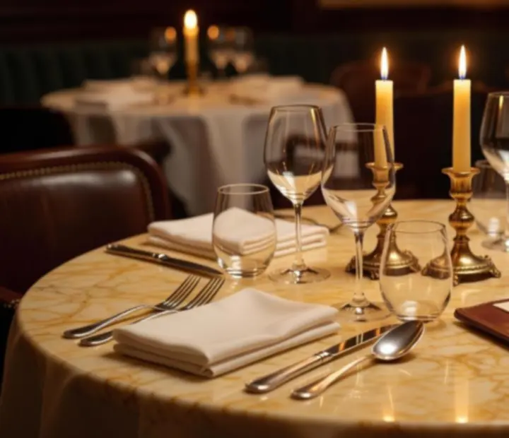 Vue aérienne d'un plateau de marbre, menus calligraphiés et verres alignés