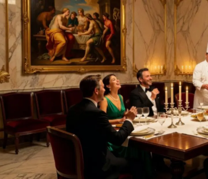 Ambiance chaleureuse autour de la table du Chef, convives et cuisine apparente