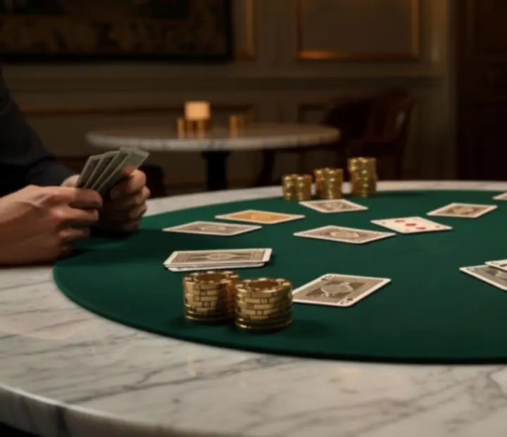 Table de poker en présentiel, cartes et verres alignés sous une lumière chaleureuse.