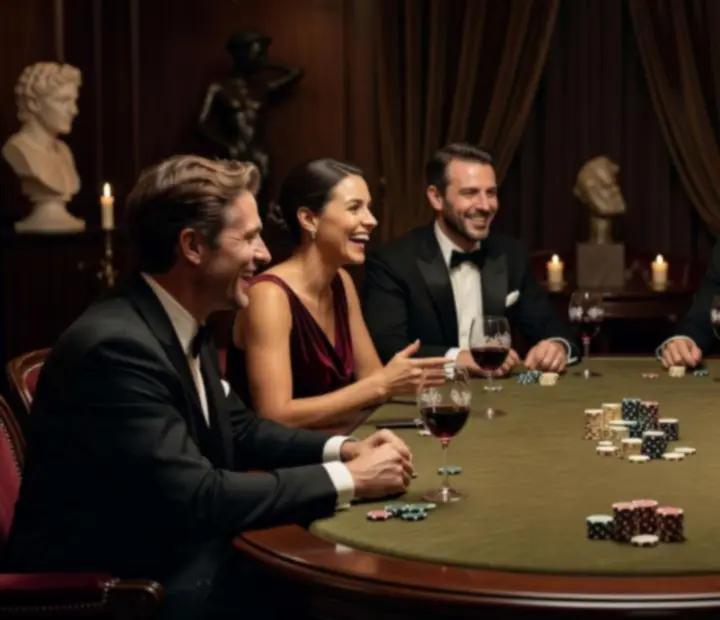 Table de poker en présentiel tapissée de feutre vert olive, jetons discrets et convives réunis